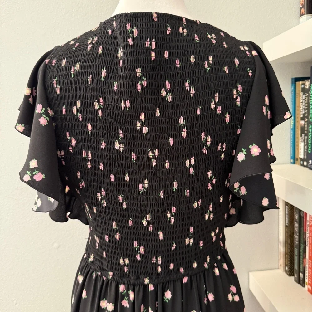 Kate Spade Ditsy Begonia flutter sleeve black floral dress sz 6